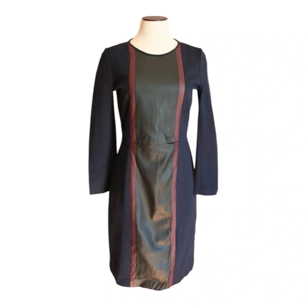 J.Crew Faux Leather Panel Sheath Dress Size 00 Black Bodycon Work Office Chic